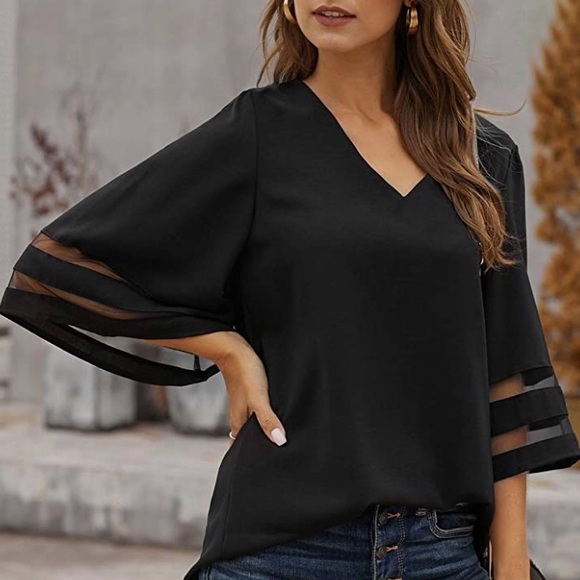 Tribal Sensation Tops - New Tribal Sensation Black Chiffon Flare Blouse